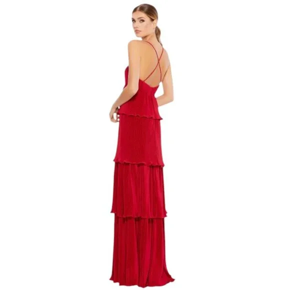 Mac Duggal  Red Spaghetti Strap Ruffle Layered Maxi Dress Gown Red Size 6 - Picture 4 of 6